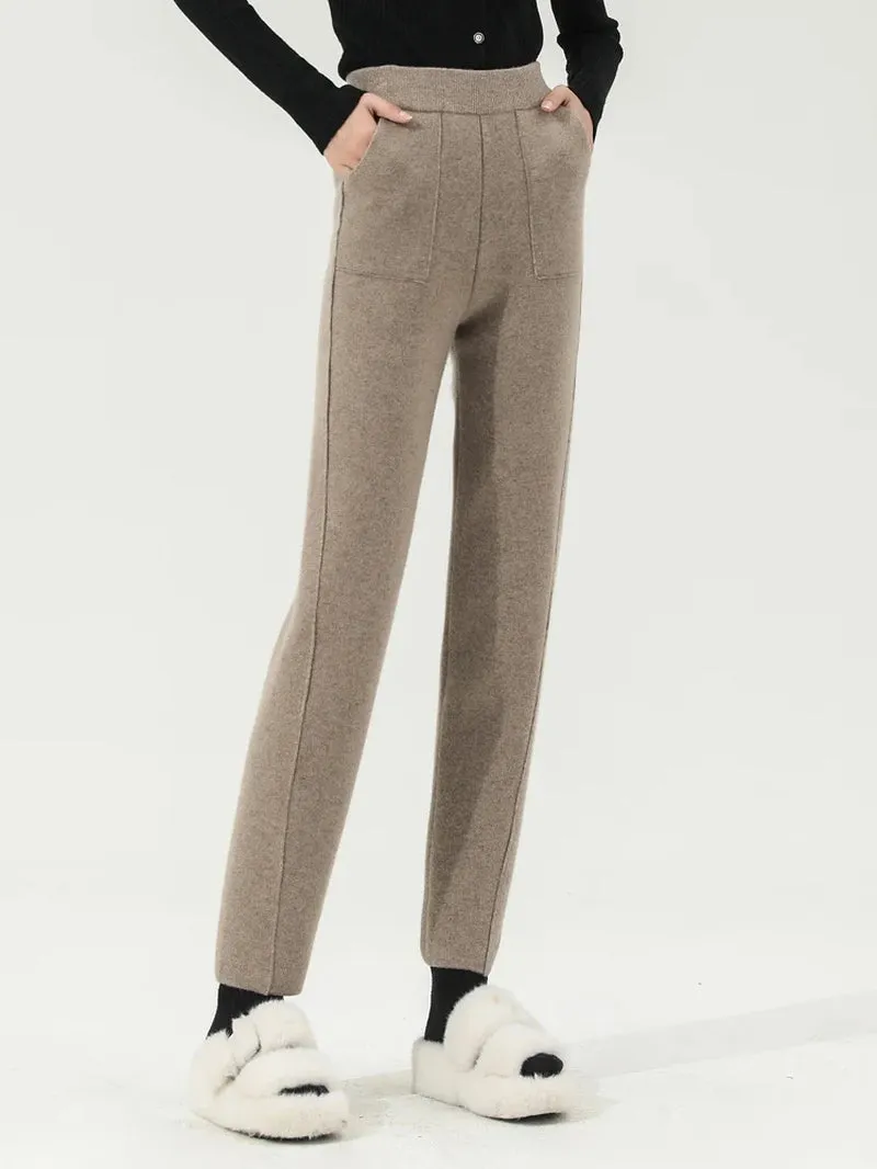 100% Wool Pocket Knit Pencil Pants Must Have Women Slim Look All-Match Long Trousers Soft Warm Merino Wool Fall Winter Casual