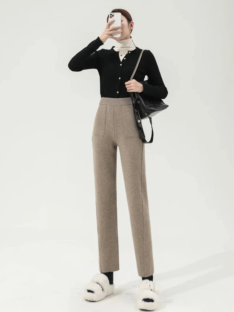 100% Wool Pocket Knit Pencil Pants Must Have Women Slim Look All-Match Long Trousers Soft Warm Merino Wool Fall Winter Casual