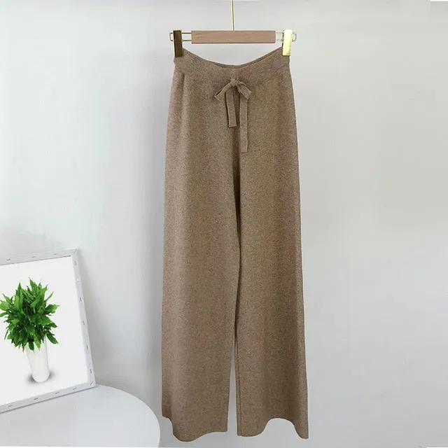 2021 Lady Solid Knit Pants Casual Joggers Loose Wide Leg Long Length Pants One Size