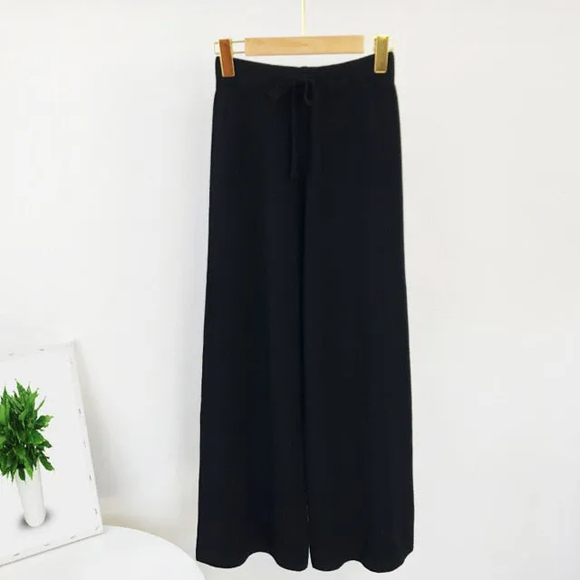 2021 Lady Solid Knit Pants Casual Joggers Loose Wide Leg Long Length Pants One Size