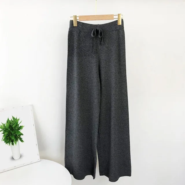 2021 Lady Solid Knit Pants Casual Joggers Loose Wide Leg Long Length Pants One Size