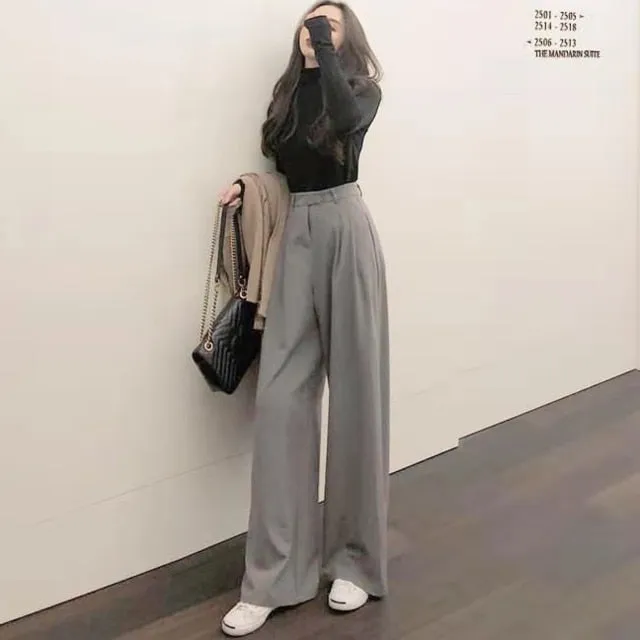 2021 Retro Solid Color Straight Wide Leg Pants Female Spring High Waist Sizes S - XL