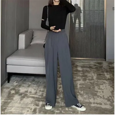 2021 Retro Solid Color Straight Wide Leg Pants Female Spring High Waist Sizes S - XL