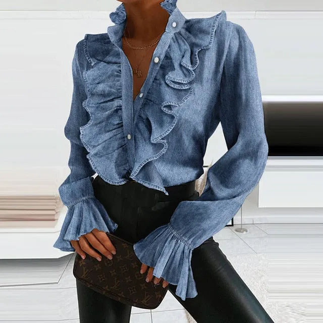 2021 Women's Long Sleeve V-Neck Ruffle Blouse Size XXL