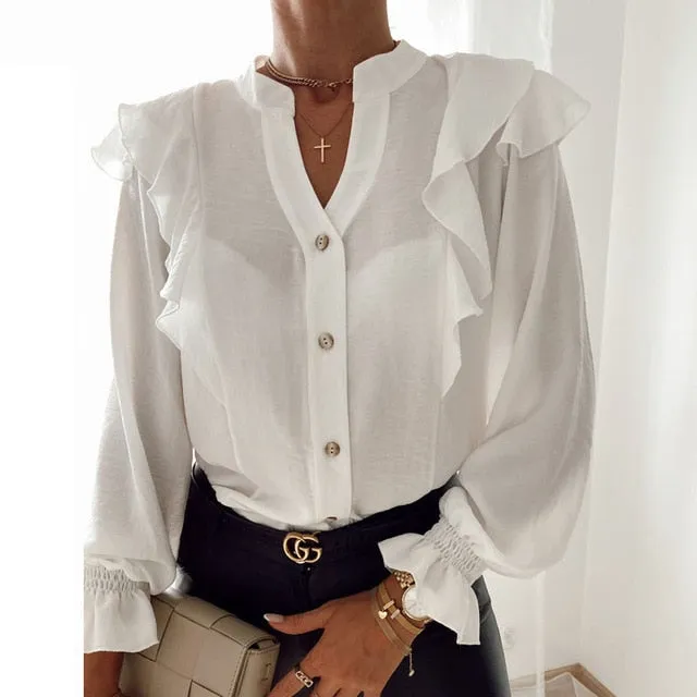 2021 Women's Long Sleeve V-Neck Ruffle Blouse Size XXL