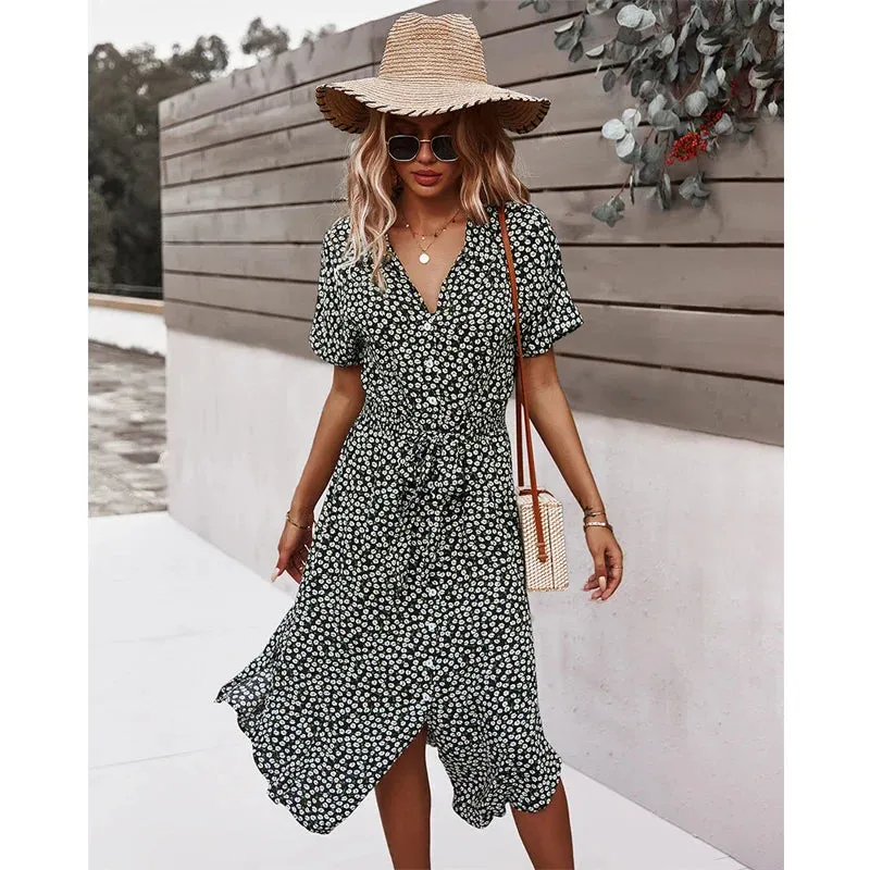 2024 Casual Floral V-Neck Yellow Boho Dress for Summer