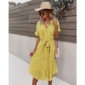 2024 Casual Floral V-Neck Yellow Boho Dress for Summer