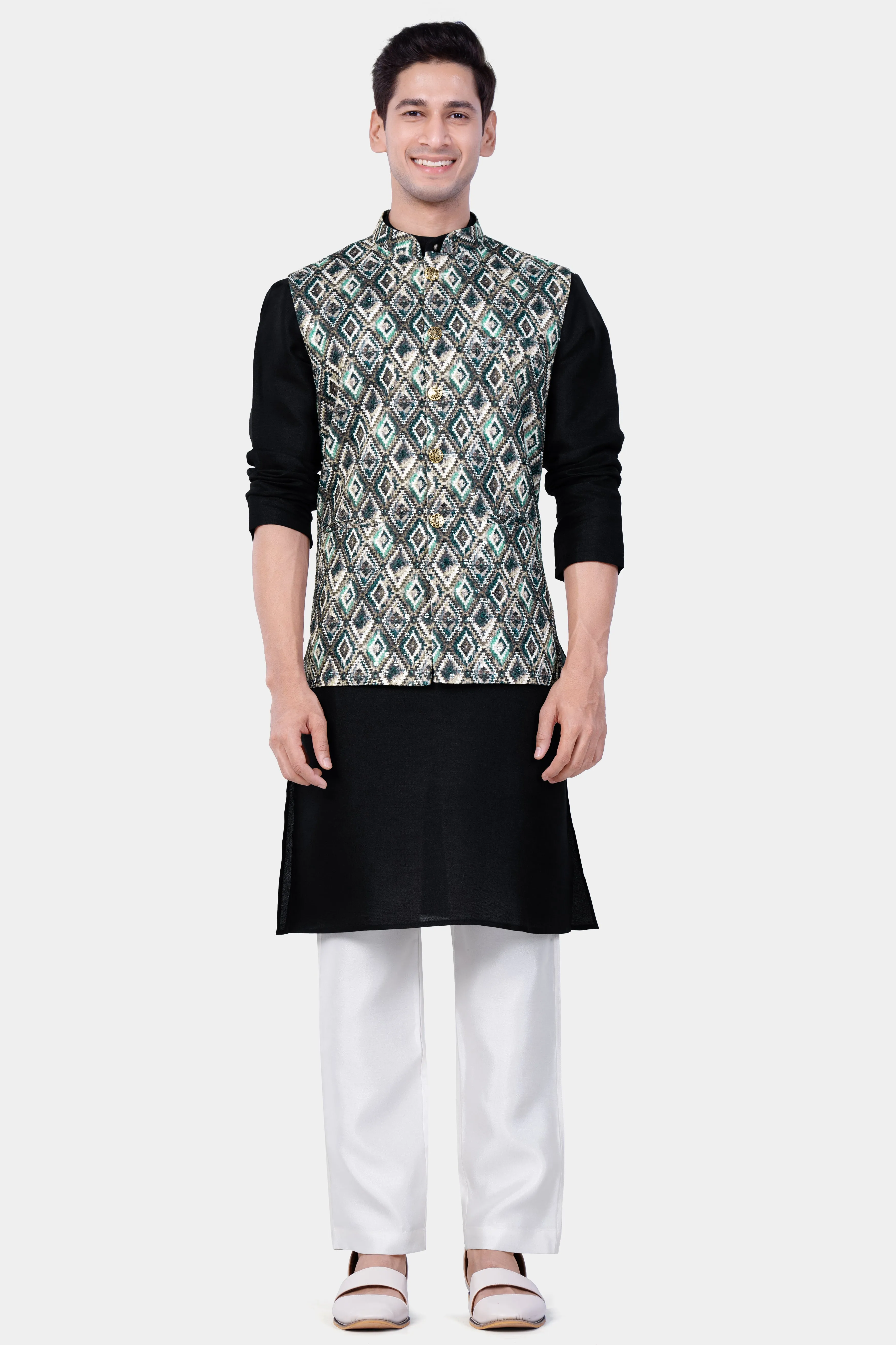 Abbey Gray And Outer Space Blue Designer Embroidered Nehru Jacket