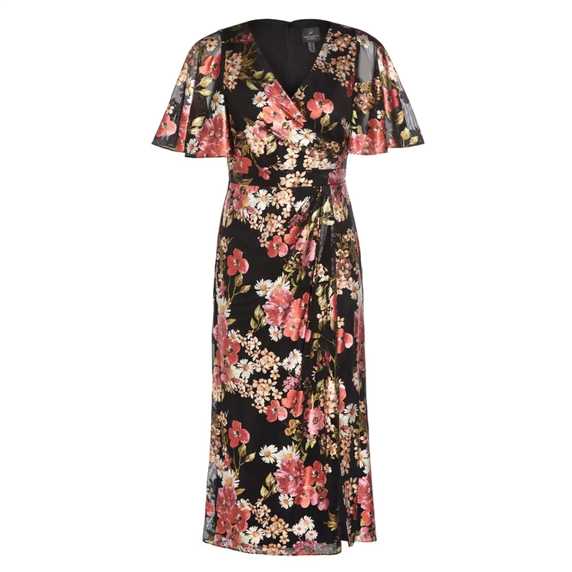 Adrianna Papell Floral Foiled Print Mesh Draped Midi Dress