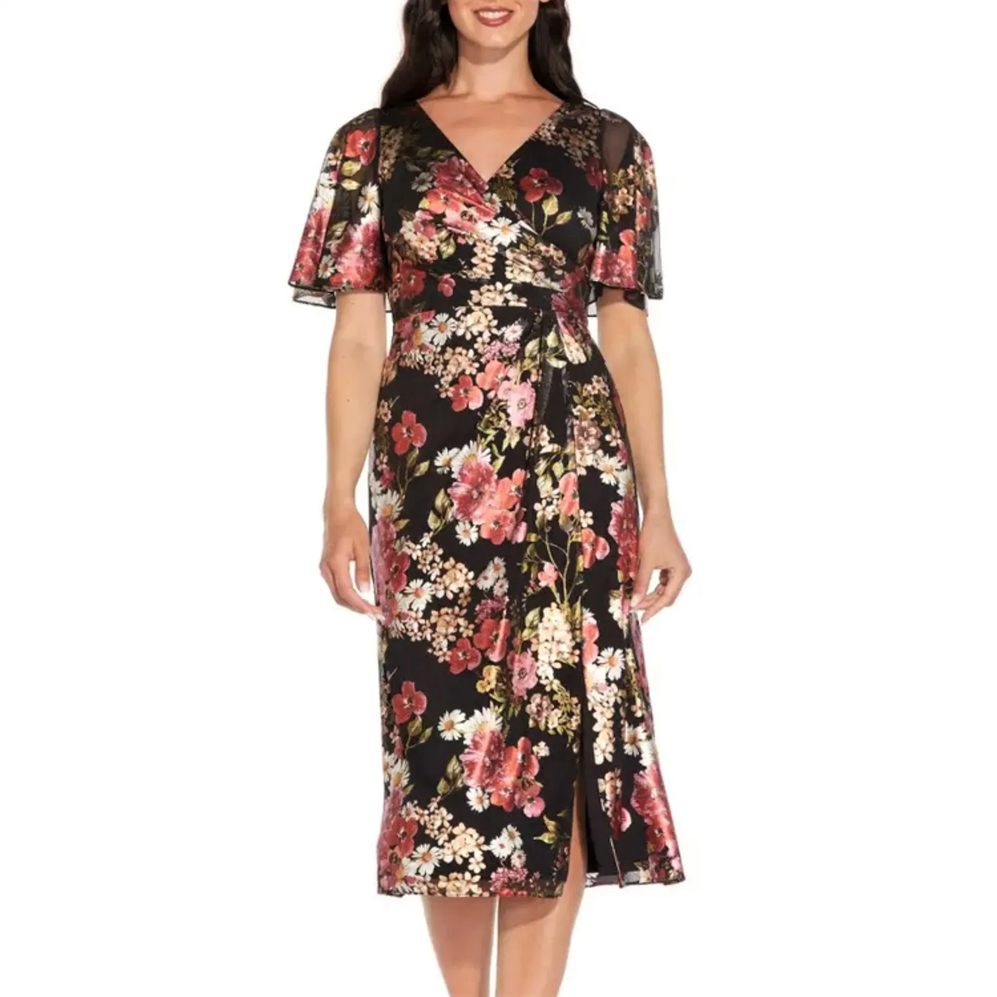 Adrianna Papell Floral Foiled Print Mesh Draped Midi Dress