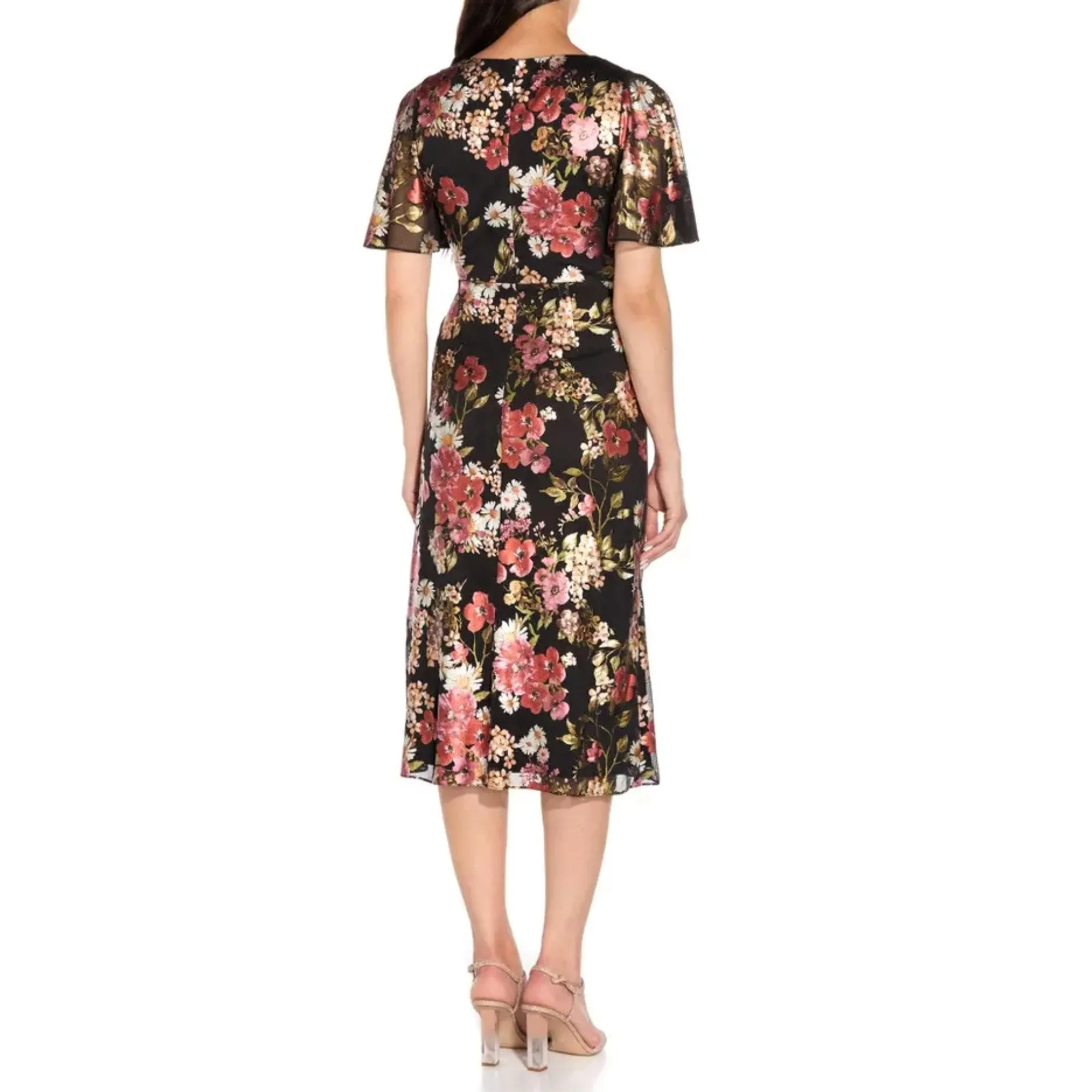 Adrianna Papell Floral Foiled Print Mesh Draped Midi Dress