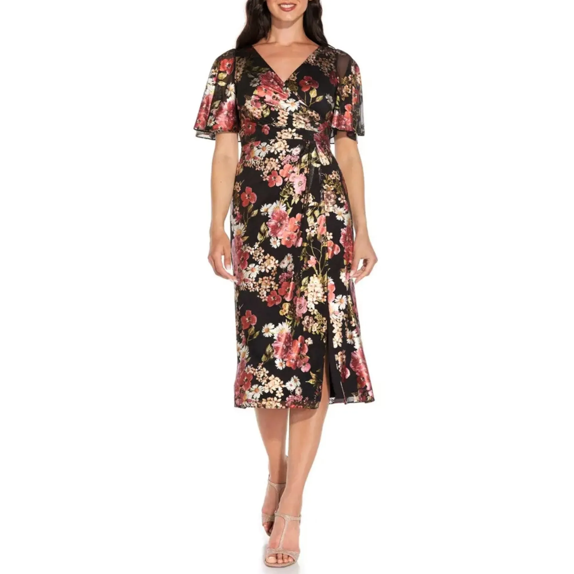 Adrianna Papell Floral Foiled Print Mesh Draped Midi Dress