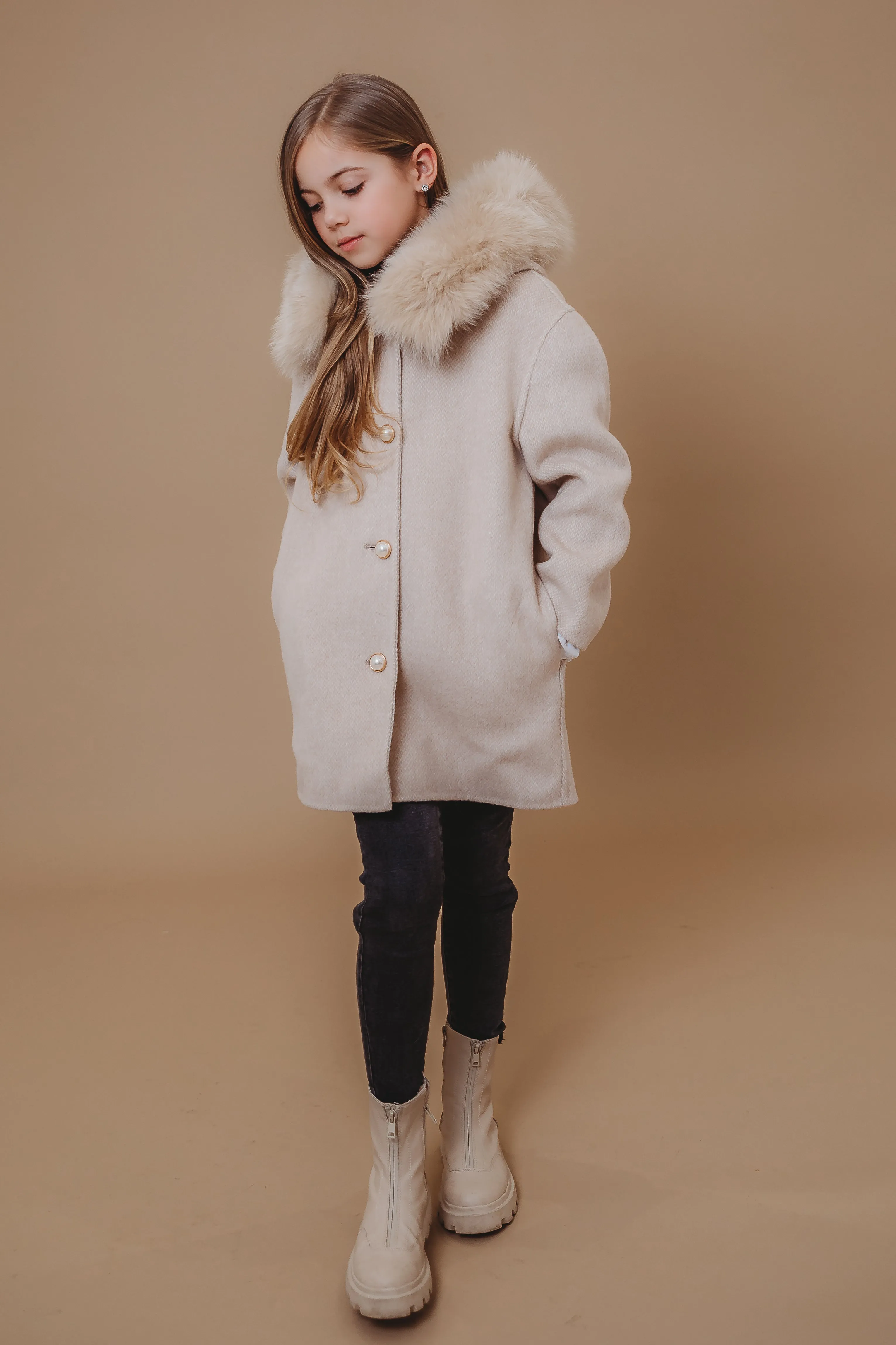 'Aline' hooded cashmere coat / Nude