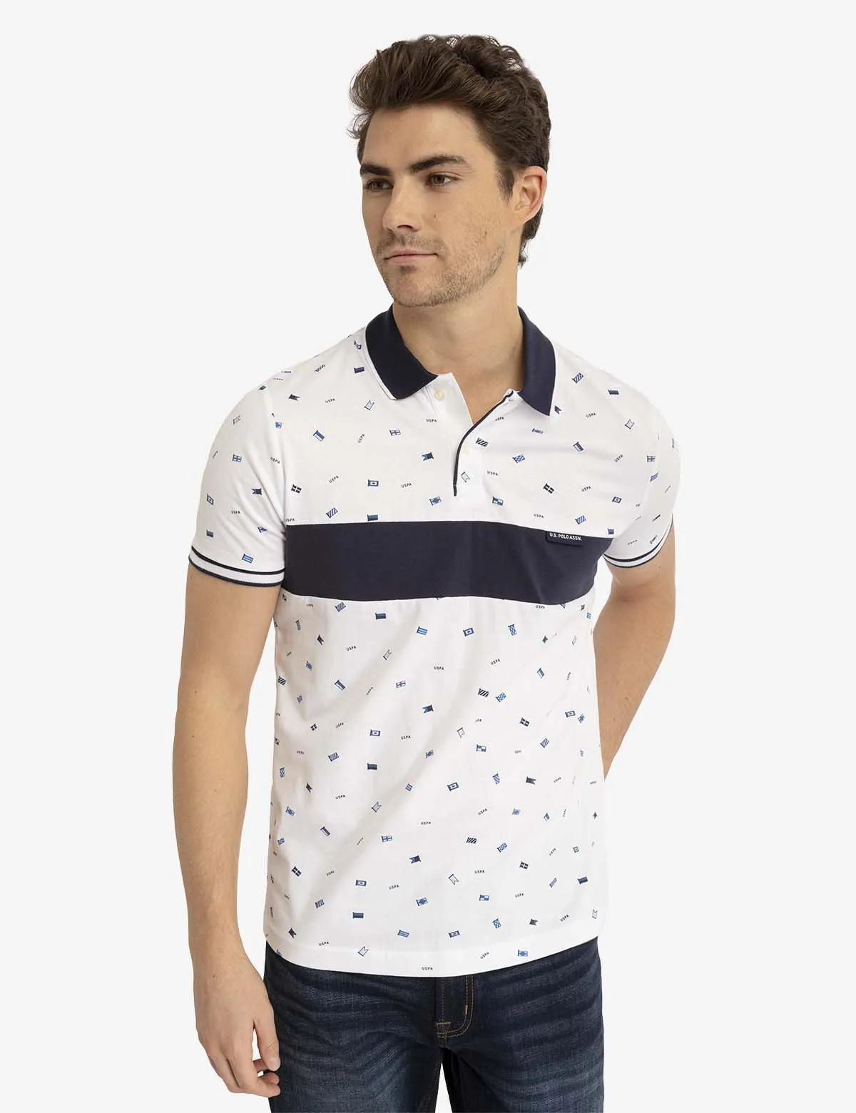 ALL OVER FLAG PRINTED JERSEY POLO SHIRT