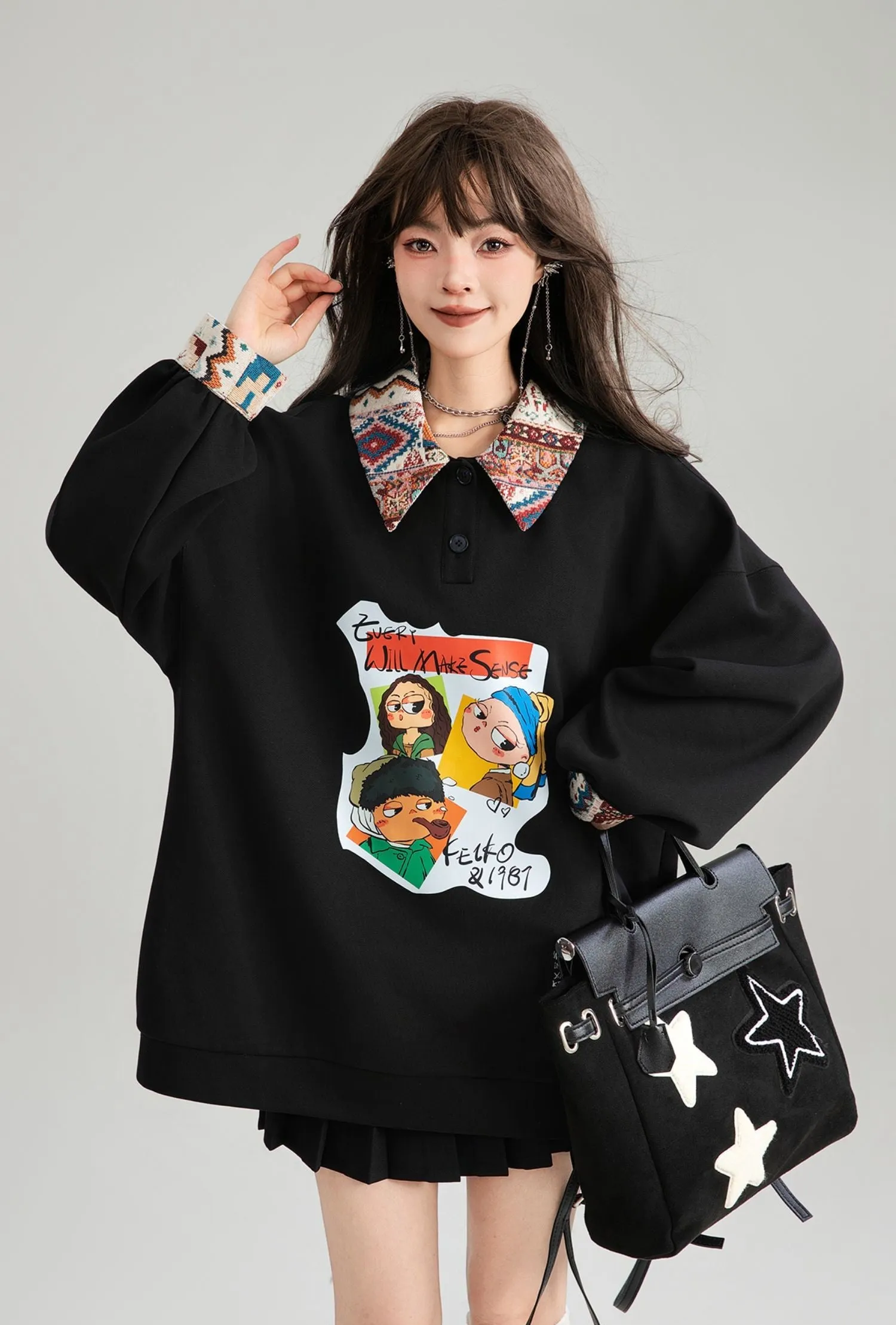 American Retro POLO Collar Loose Casual Sweatshirt KEI0172