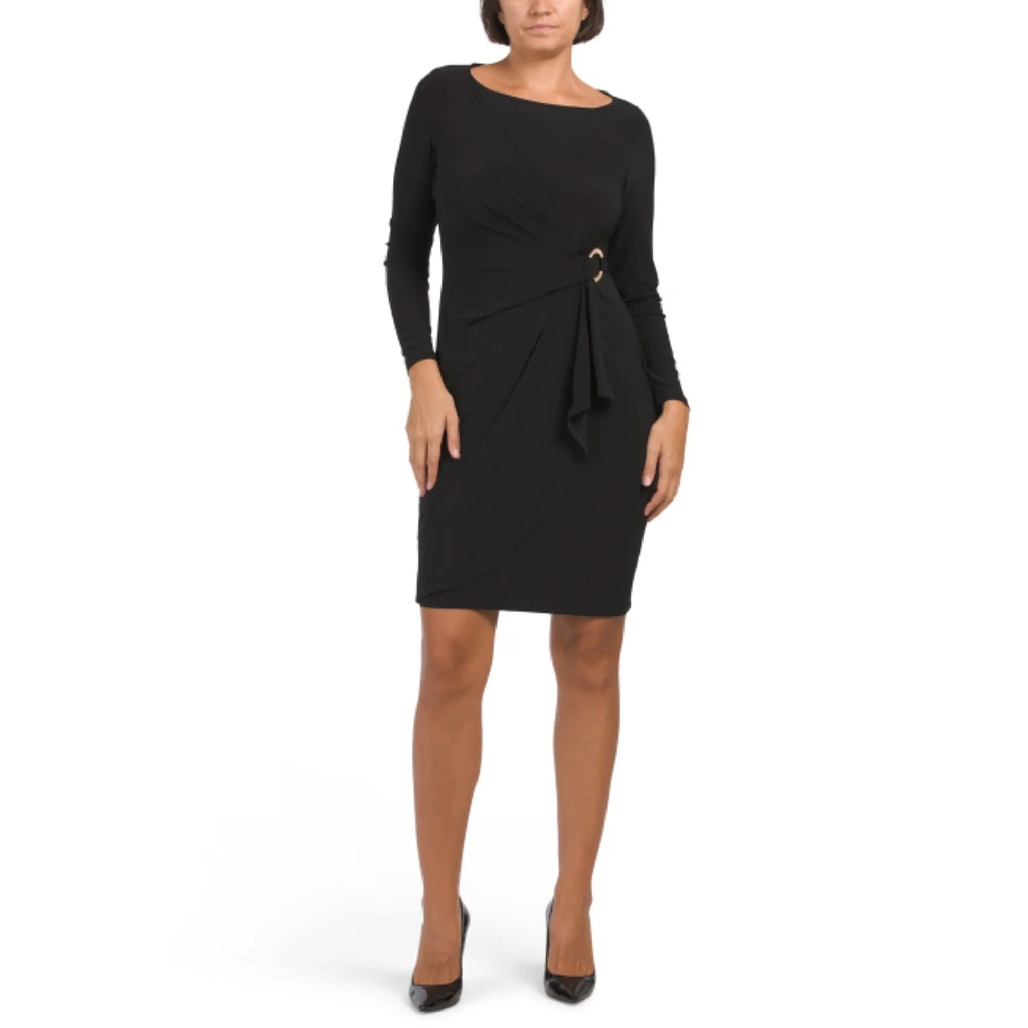 Anne Klein Women's Donna Long Sleeve draped side Overlap Mini Dress