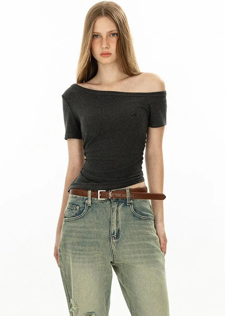 Asymmetric Neckline Slim Short Sleeve Crop Top