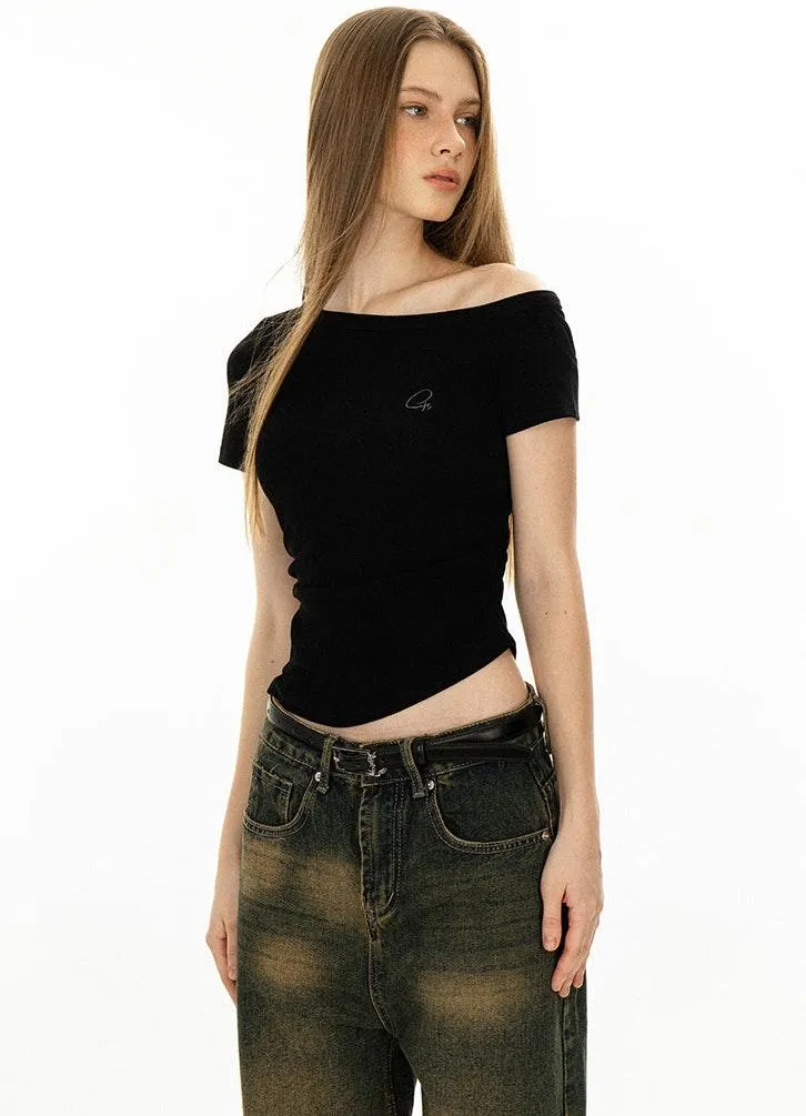 Asymmetric Neckline Slim Short Sleeve Crop Top