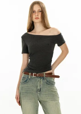 Asymmetric Neckline Slim Short Sleeve Crop Top