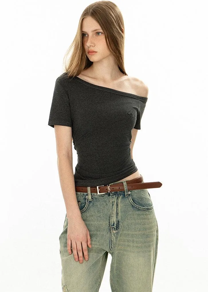 Asymmetric Neckline Slim Short Sleeve Crop Top