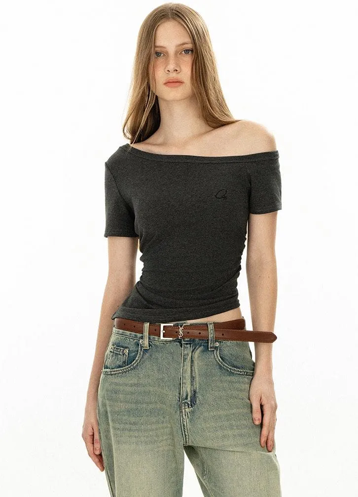 Asymmetric Neckline Slim Short Sleeve Crop Top