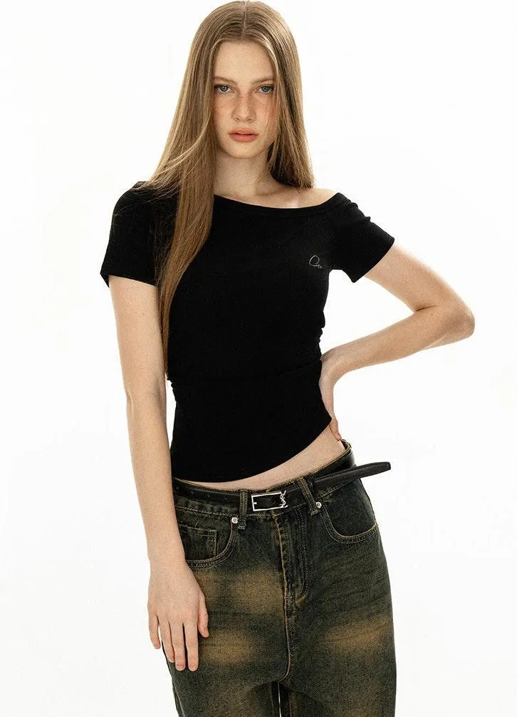 Asymmetric Neckline Slim Short Sleeve Crop Top