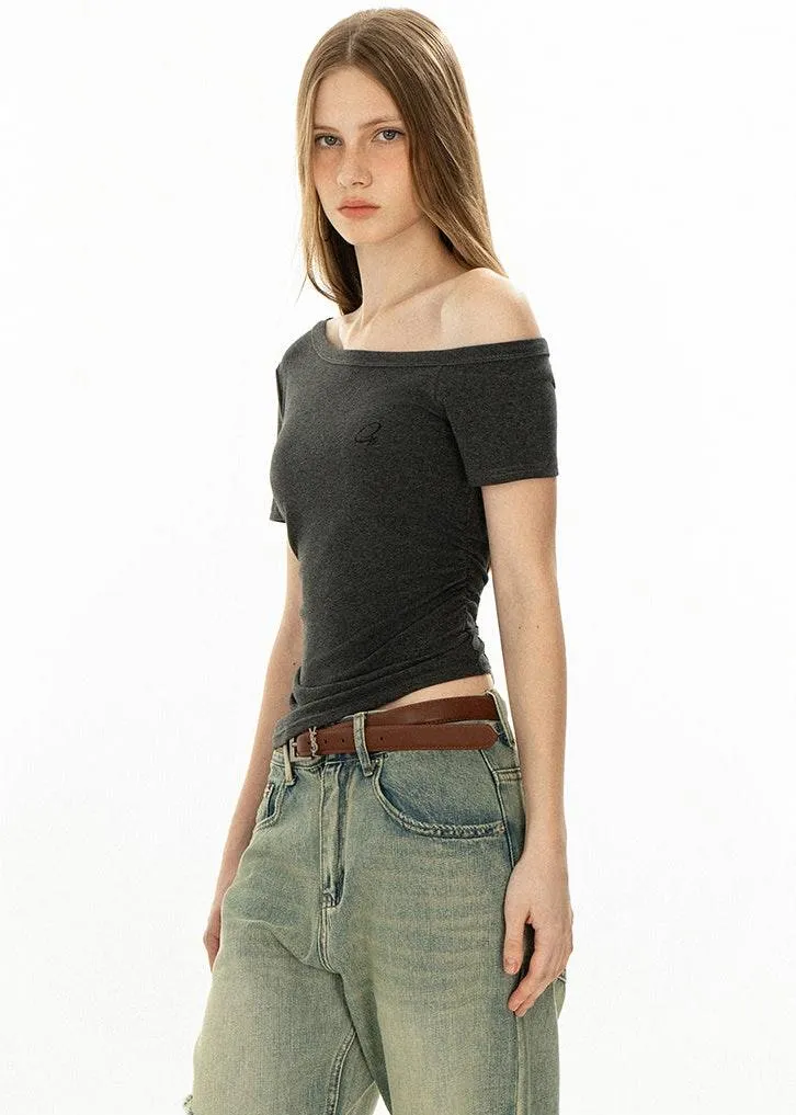 Asymmetric Neckline Slim Short Sleeve Crop Top