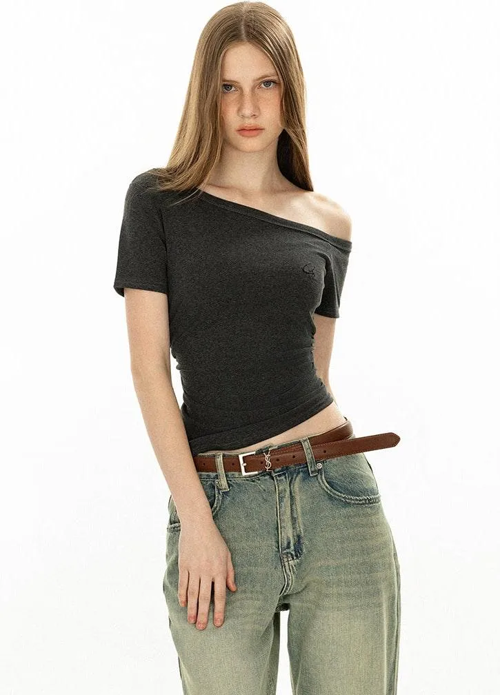 Asymmetric Neckline Slim Short Sleeve Crop Top