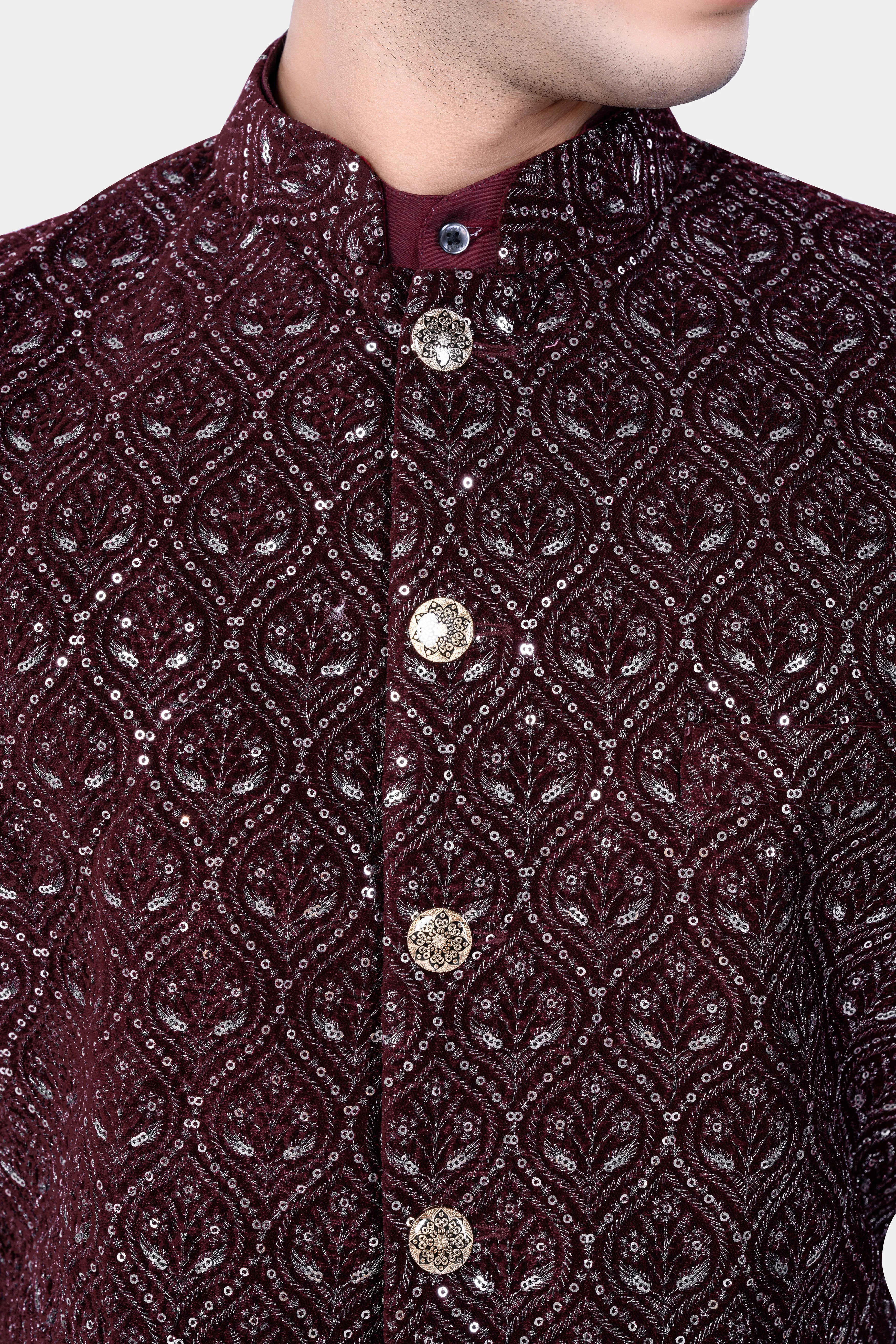 Aubergine Maroon With Sequins And Thread Embroidered Nehru Jacket