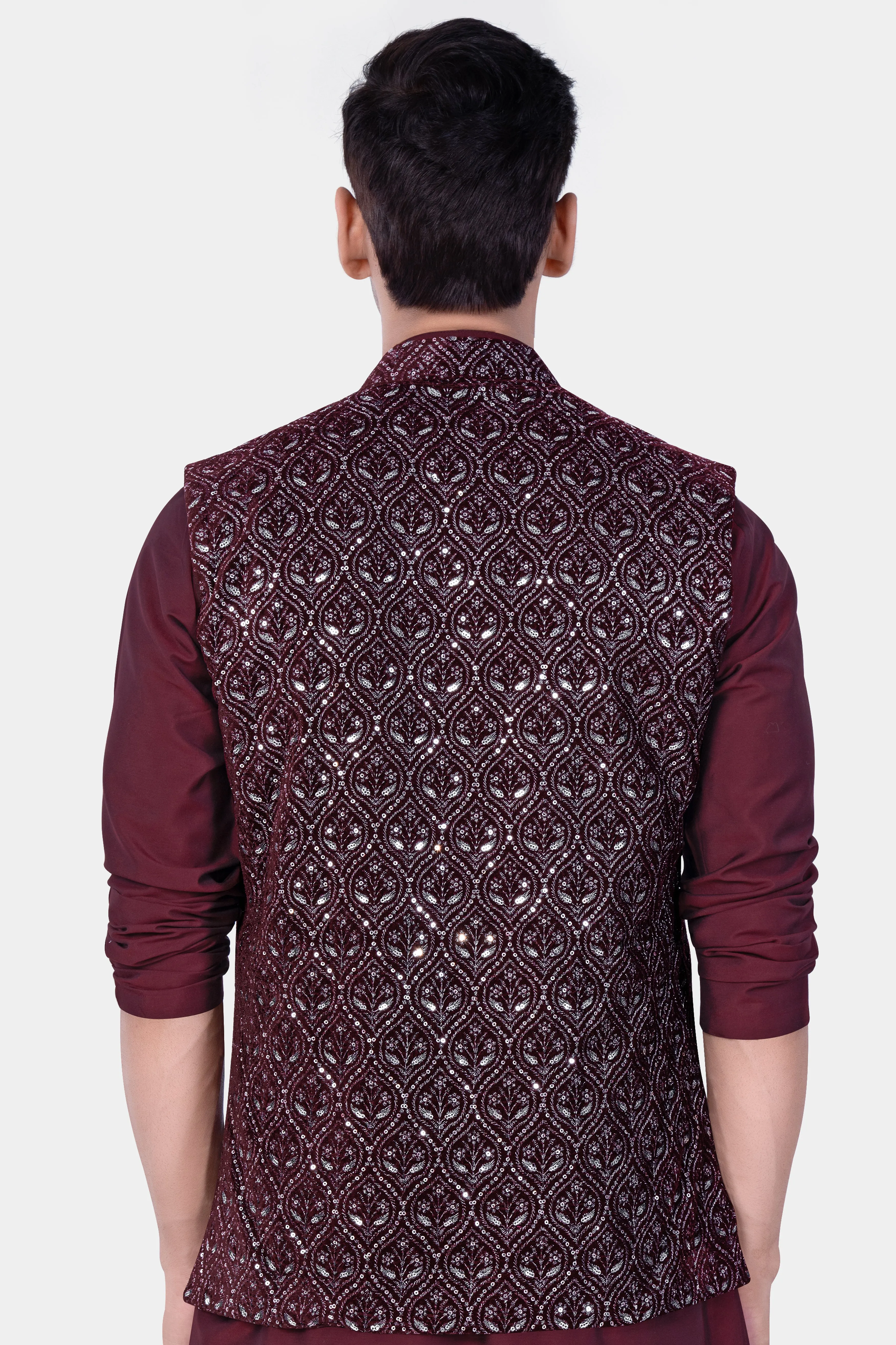 Aubergine Maroon With Sequins And Thread Embroidered Nehru Jacket