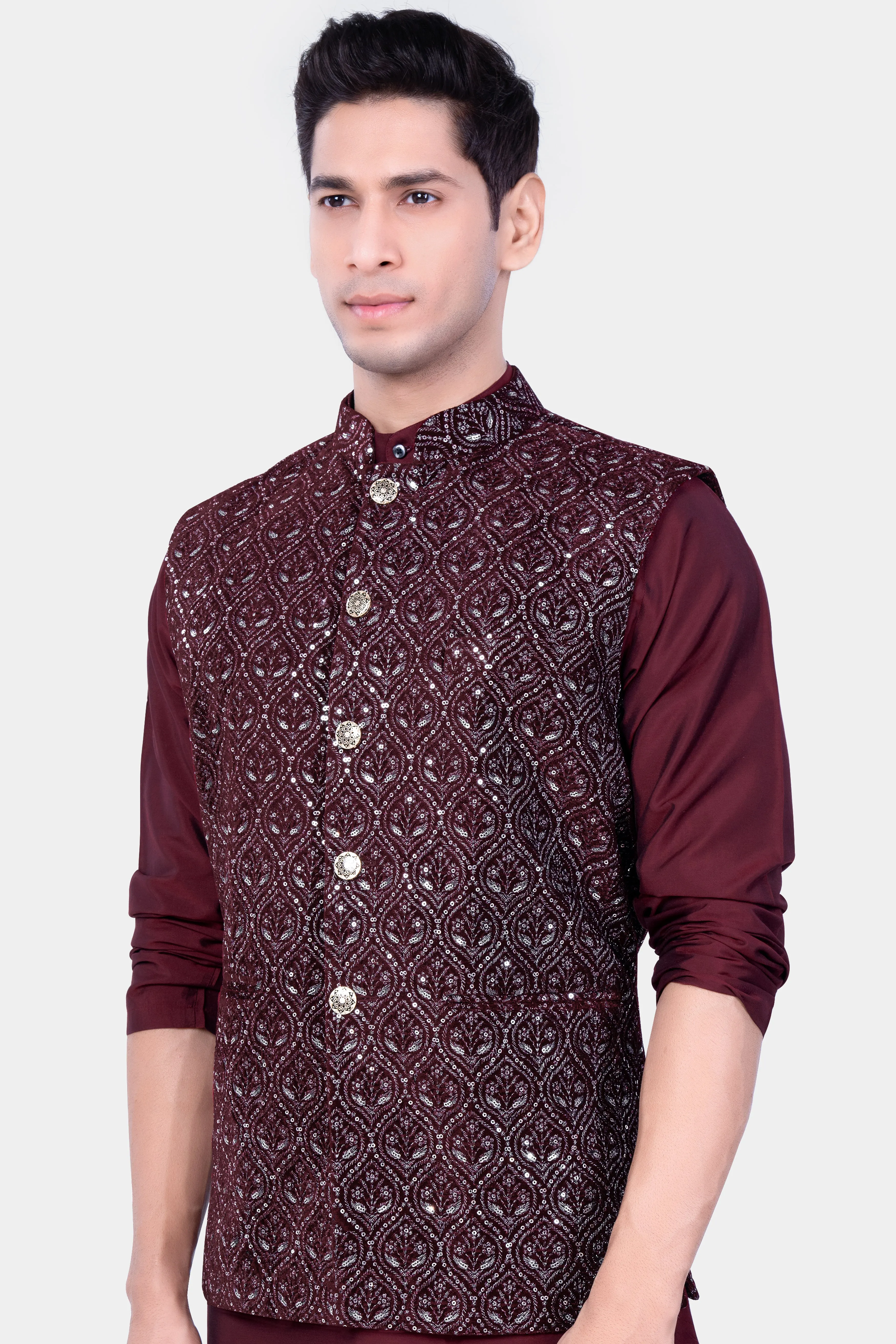 Aubergine Maroon With Sequins And Thread Embroidered Nehru Jacket