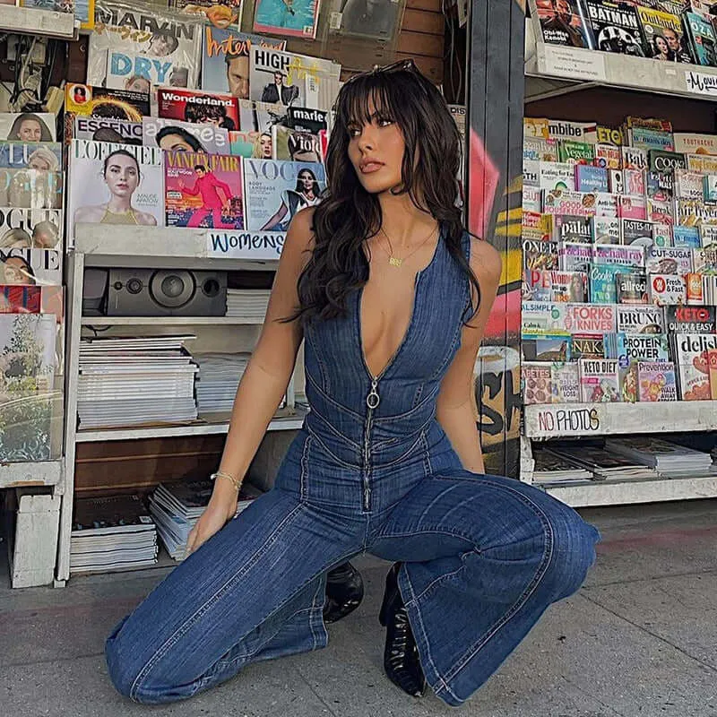 Backless High Waist Denim Overalls