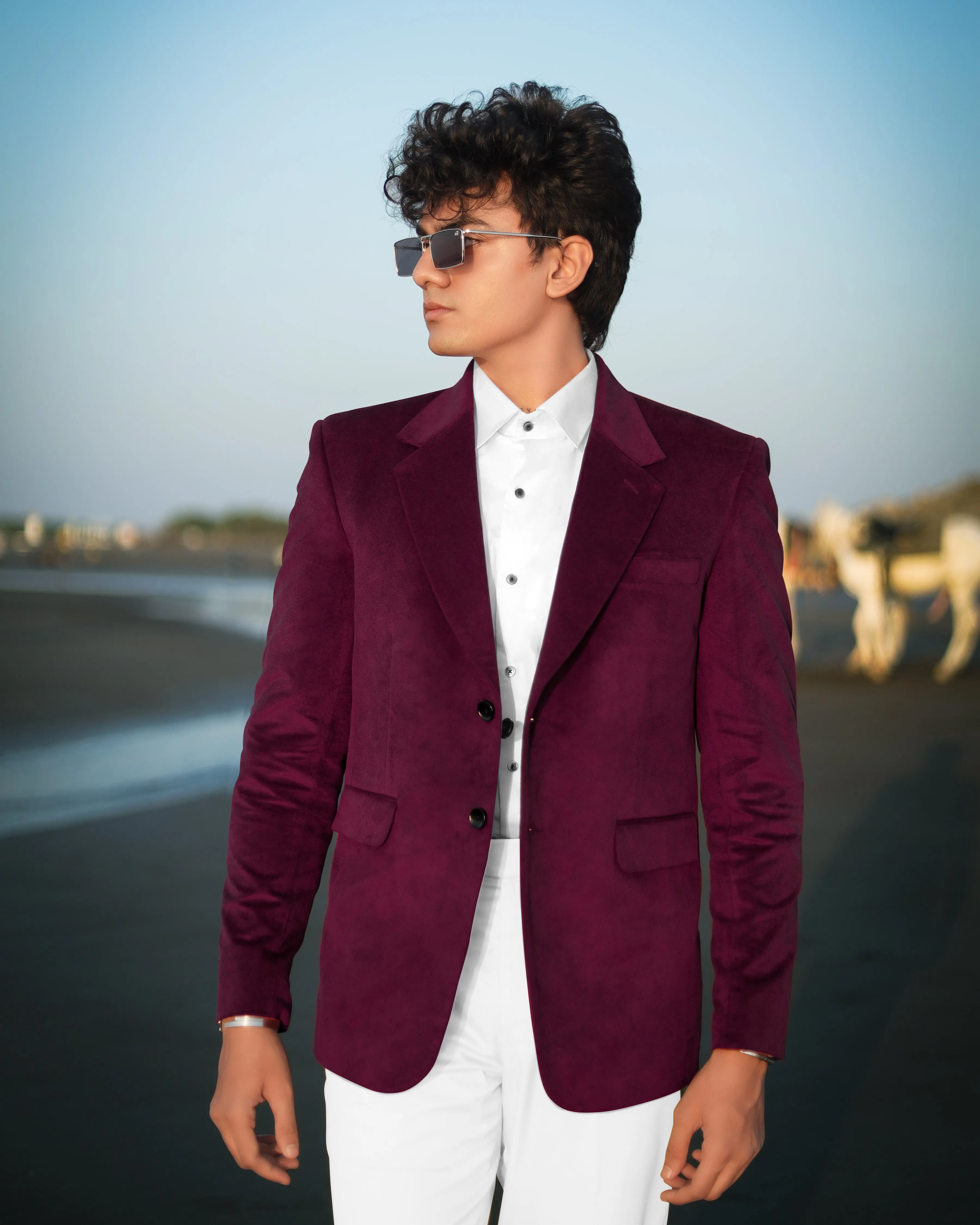 Barossa Maroon Single Breasted Velvet Designer Blazer