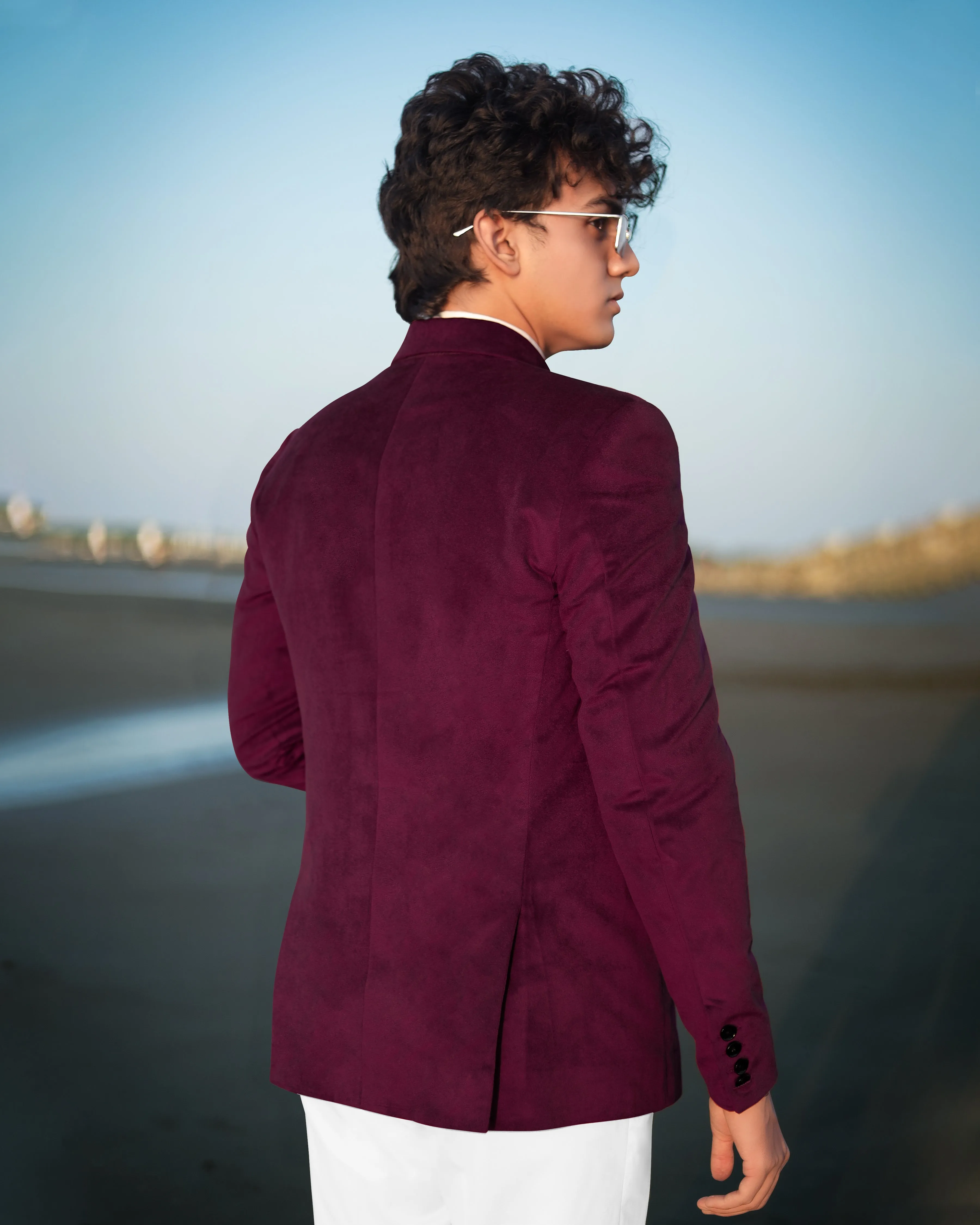 Barossa Maroon Single Breasted Velvet Designer Blazer