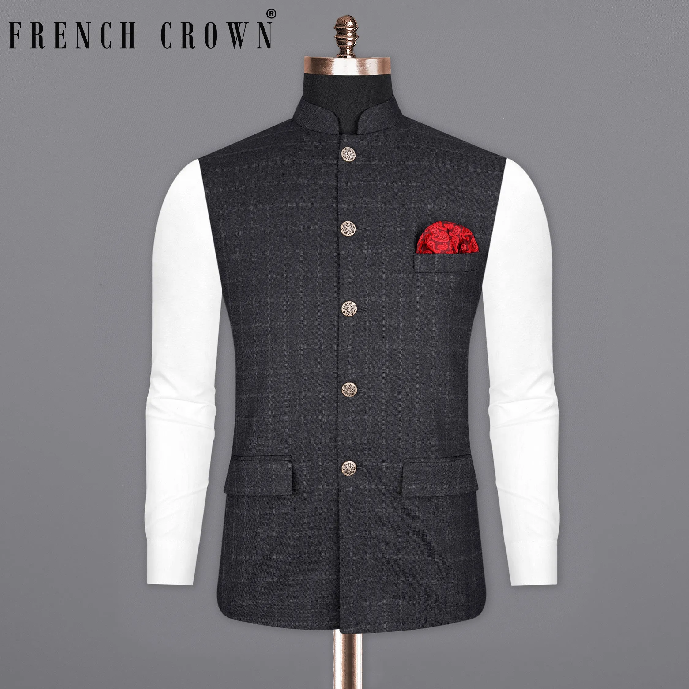 Bastille Light Black Windowpane Bandhgala Nehru Jacket