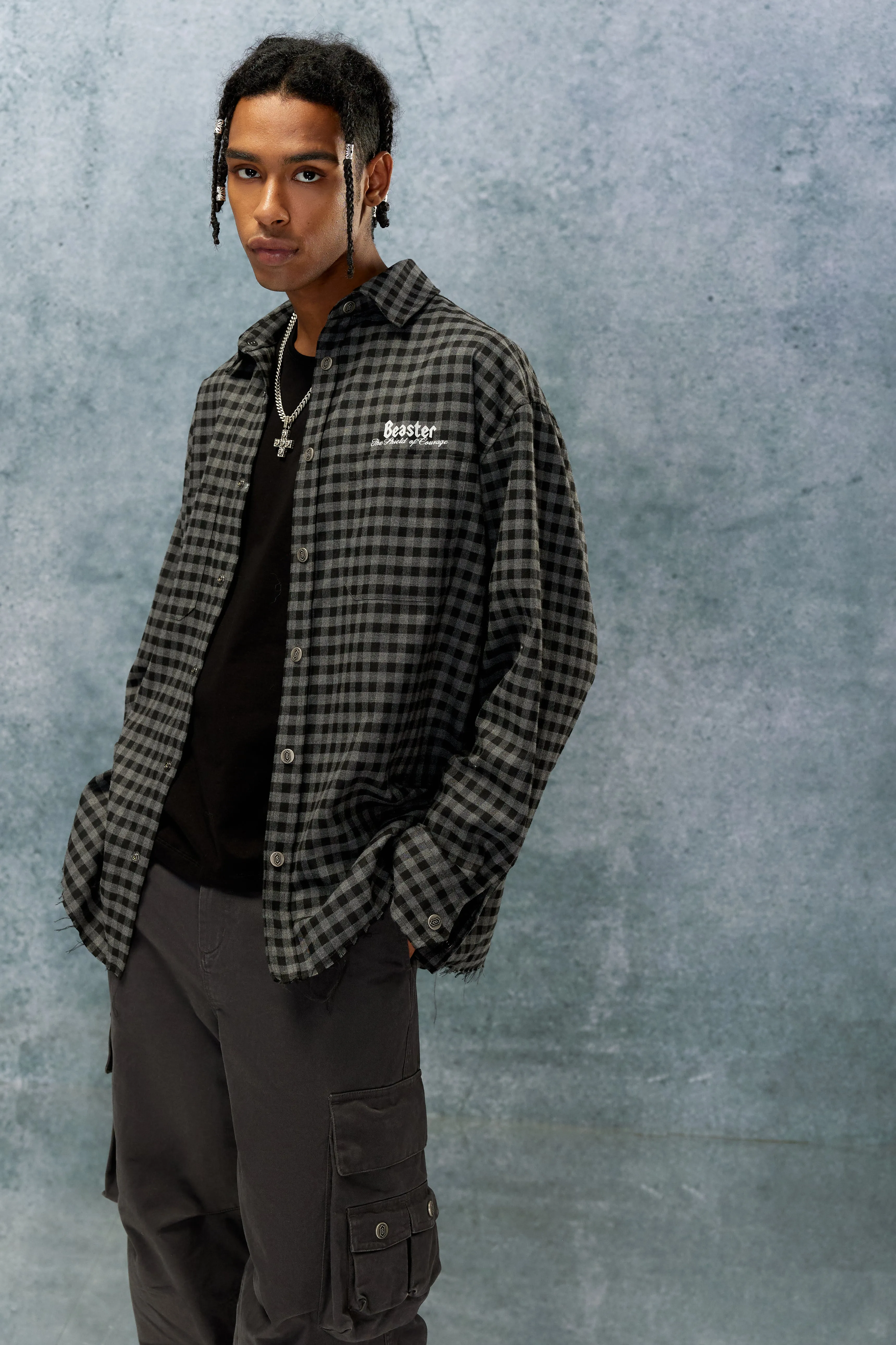 BEASTER Snap-button Plaid long-sleeved Casual Shirt