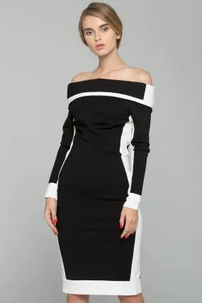 Black and White Off-The-Shoulder Long Sleeved Midi Sheath Dress