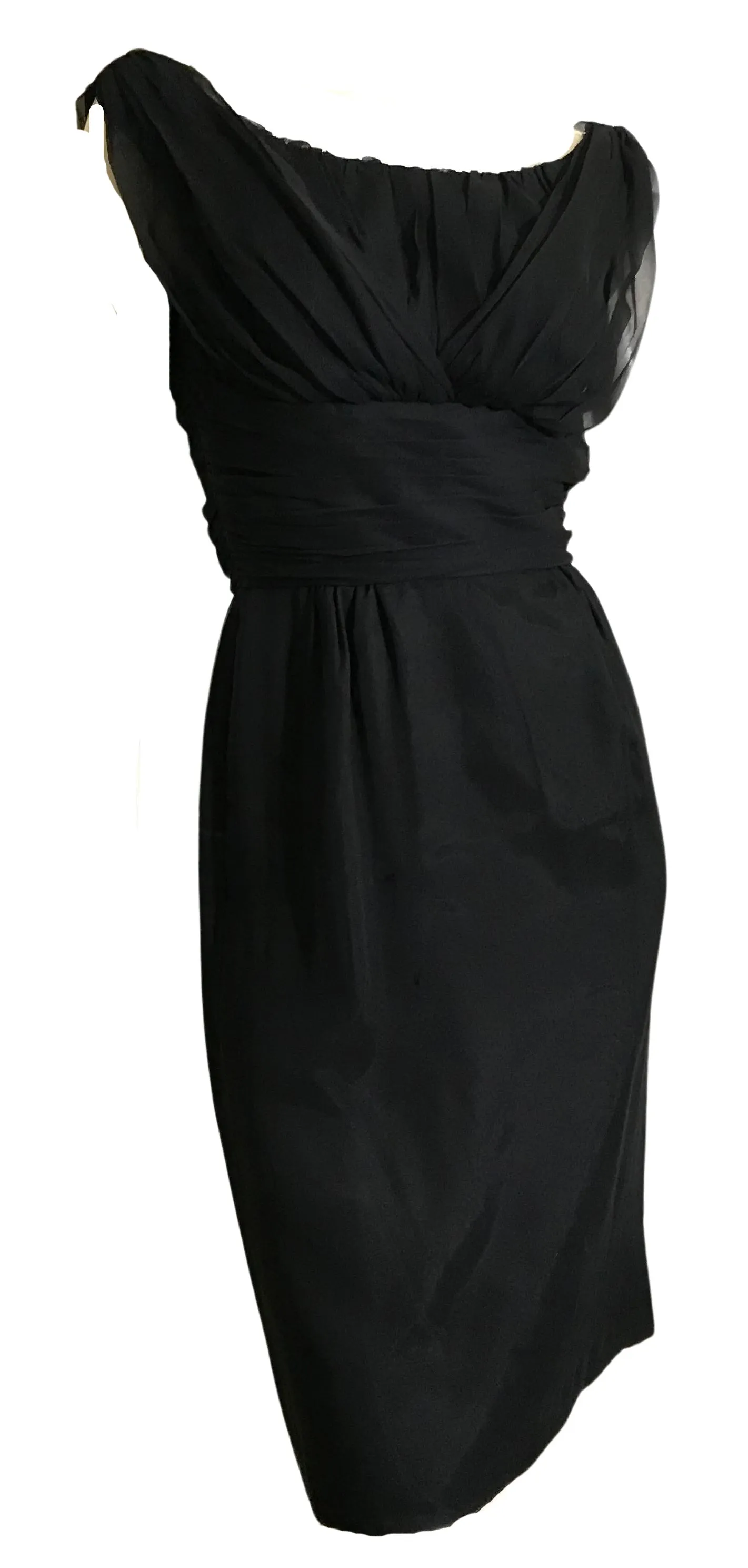 Black Chiffon Draped Neckline Cocktail Dress circa 1960s