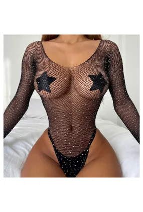 Black Fishnet Rhinestone Long Sleeved Bodysuit