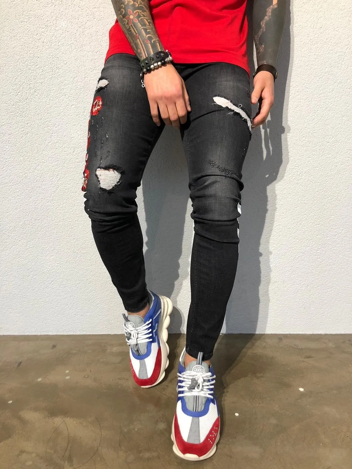 Black Side Printed Snake Patched Ultra Skinny Fit Denim B357 Streetwear Jeans