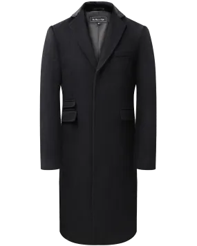 Black Wool Cashmere Covert Overcoat With Black Lining