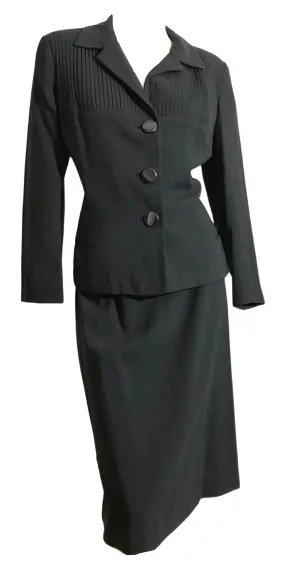 Black Wool Classic Suit with Pleated Accents circa 1950s