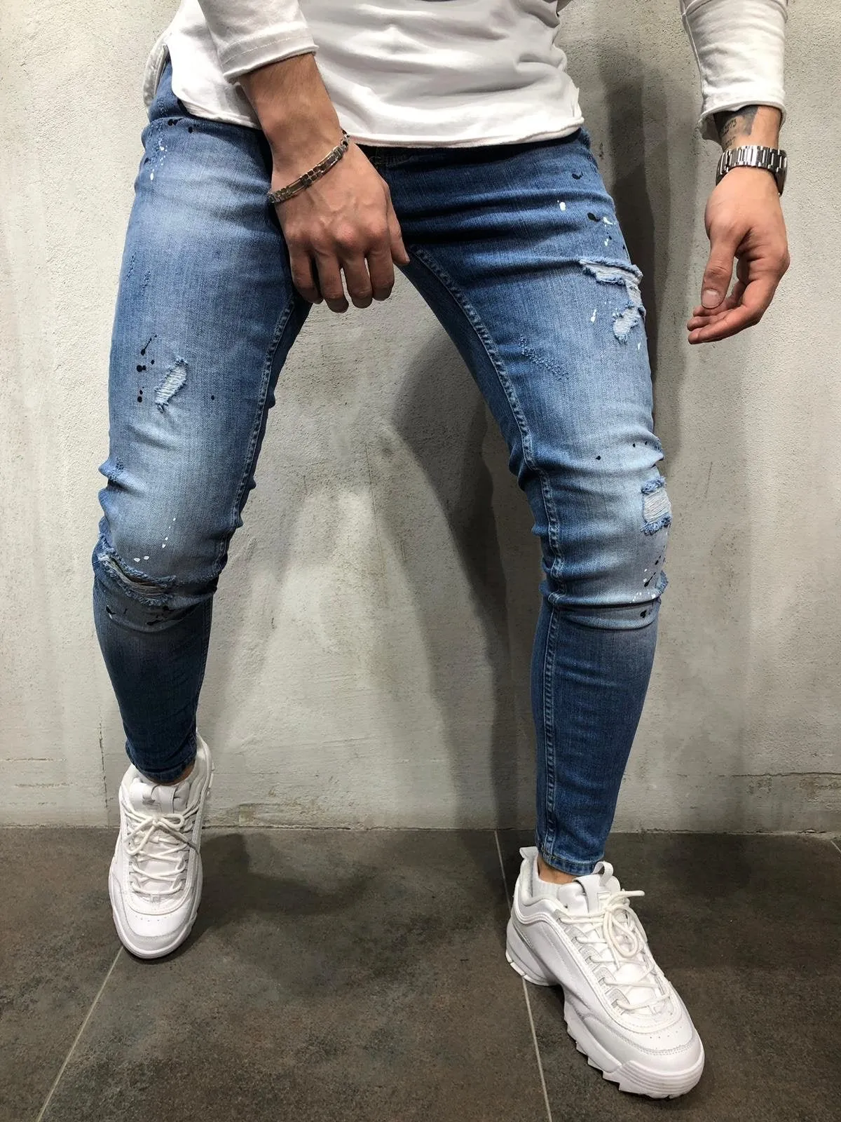 Blue Color Blobs Distressed Skinny Fit Denim A256 Streetwear Jeans