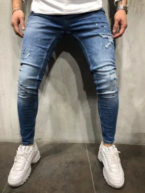 Blue Color Blobs Distressed Skinny Fit Denim A256 Streetwear Jeans