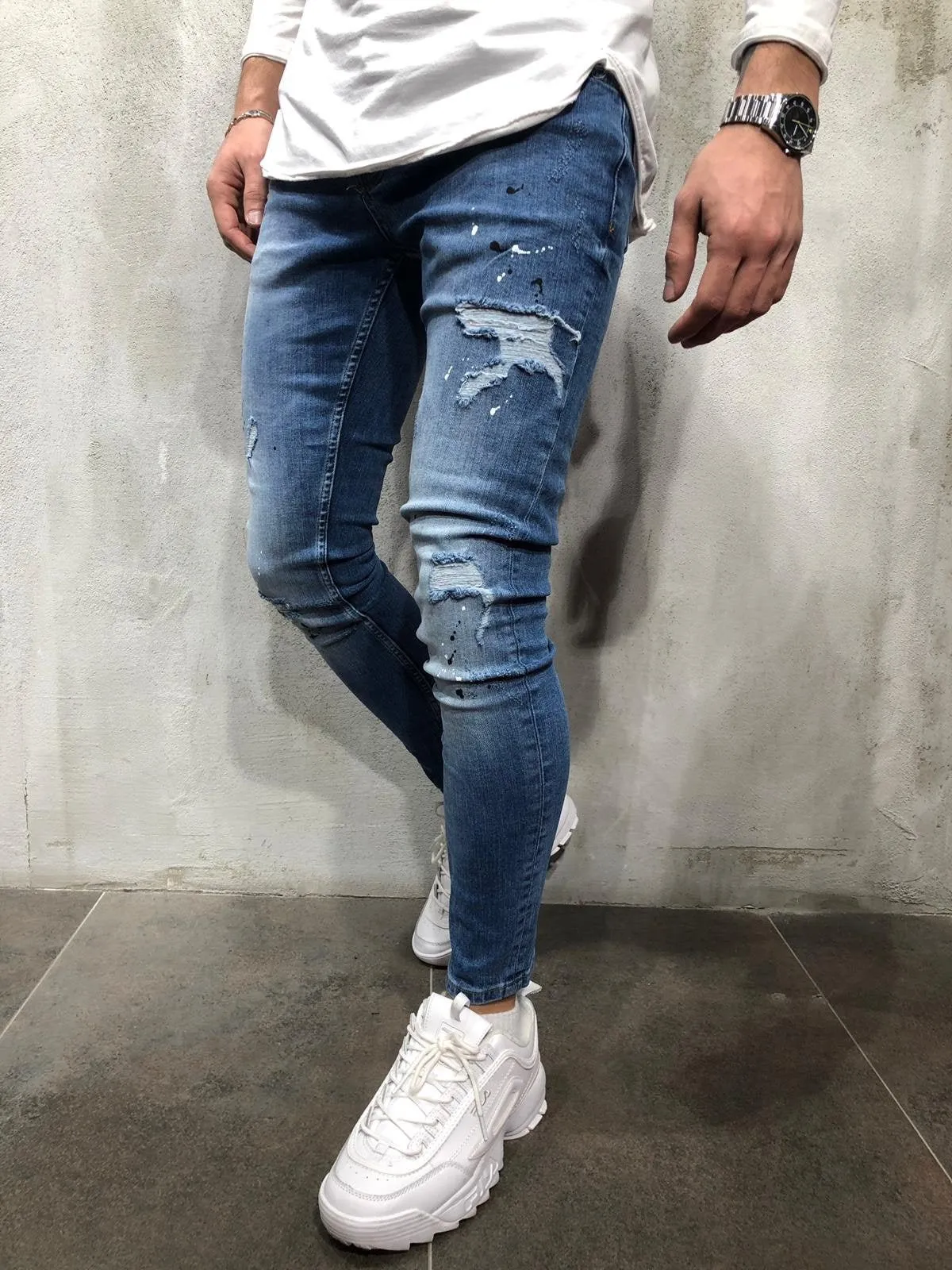 Blue Color Blobs Distressed Skinny Fit Denim A256 Streetwear Jeans