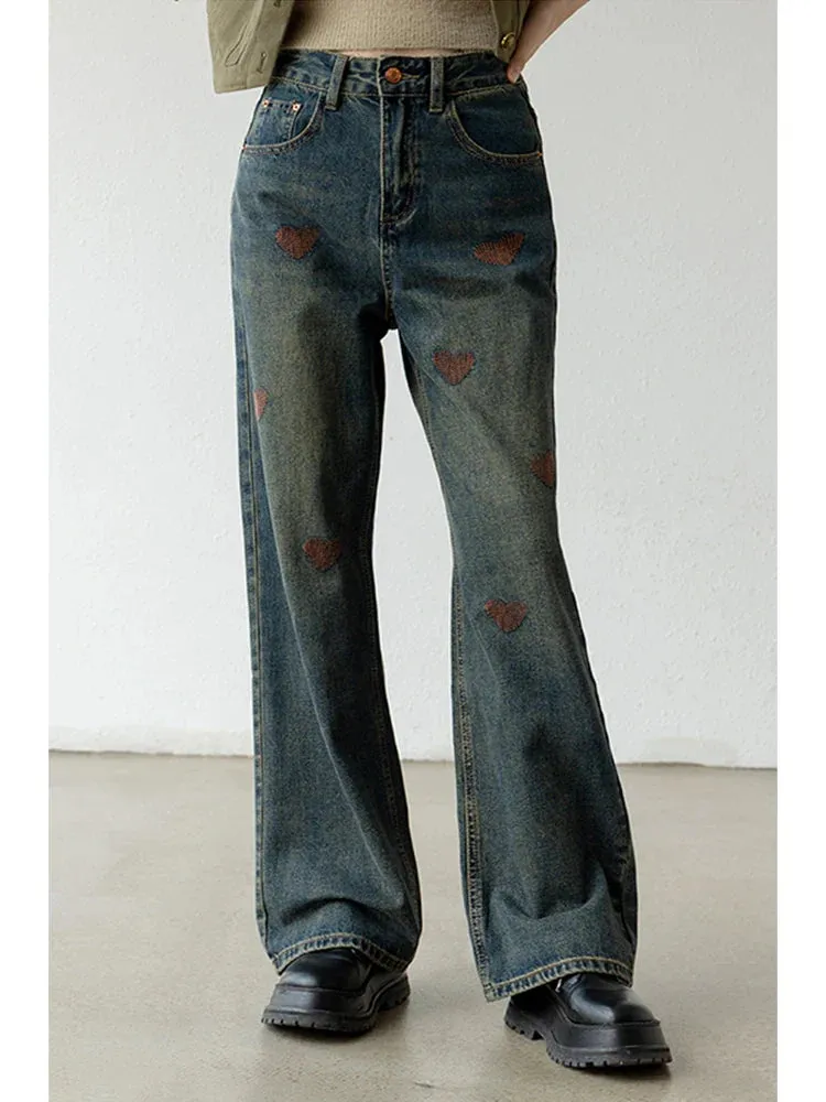 Blue Embroidery High Waist Wide Leg Jean Pants