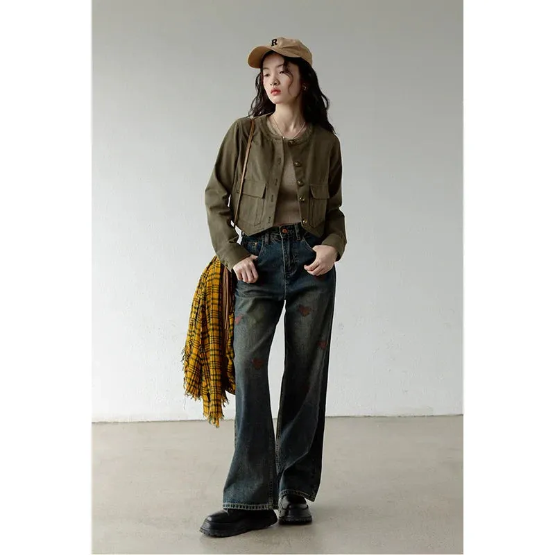 Blue Embroidery High Waist Wide Leg Jean Pants