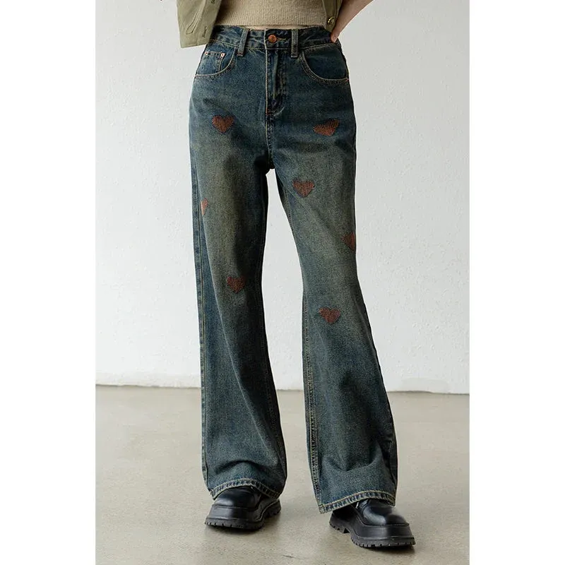 Blue Embroidery High Waist Wide Leg Jean Pants