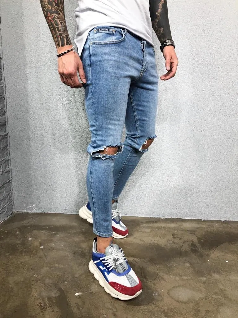 Blue Knee Ripped Jeans Slim Fit Jeans BL502 Streetwear Mens Jeans