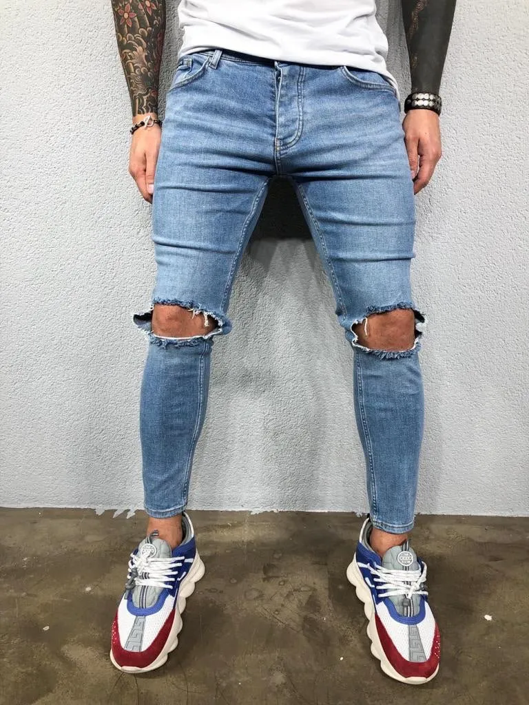 Blue Knee Ripped Jeans Slim Fit Jeans BL502 Streetwear Mens Jeans